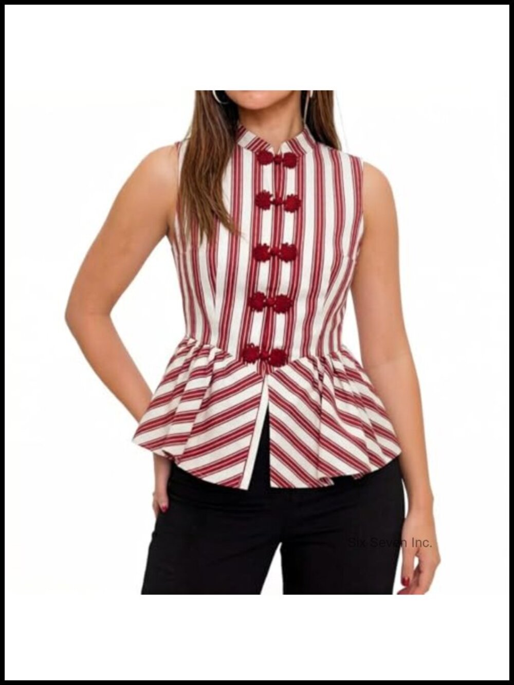 Y2K Striped Peplum Top Mandarin Collar Frog Button Sleeveless Blouse